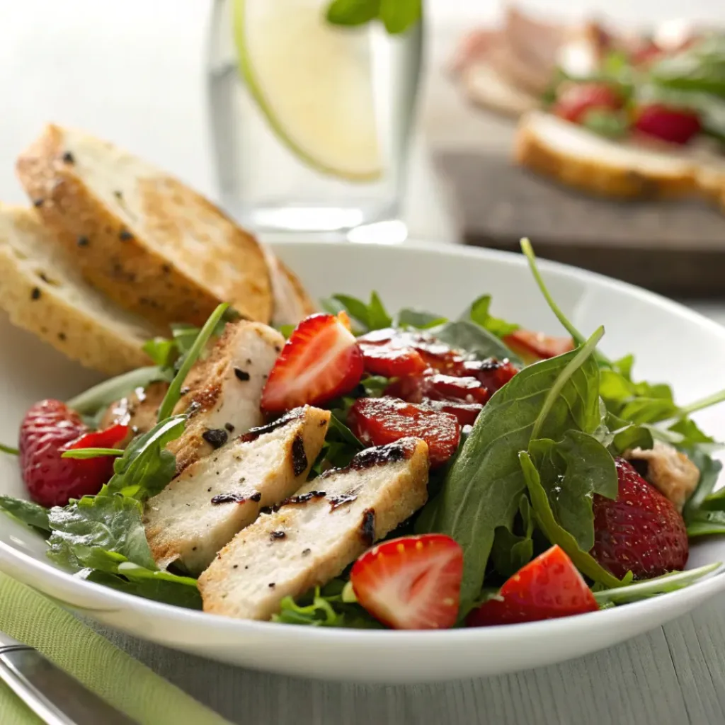 Strawberry arugula salad served with grilled chicken and bread