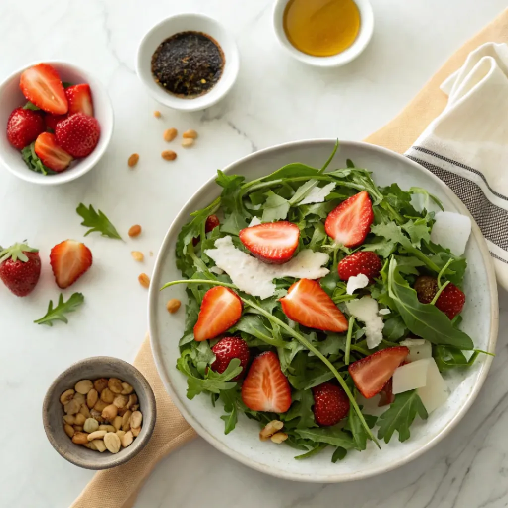 Flat lay of arugula, strawberries, nuts, cheese, and dressing ingredients