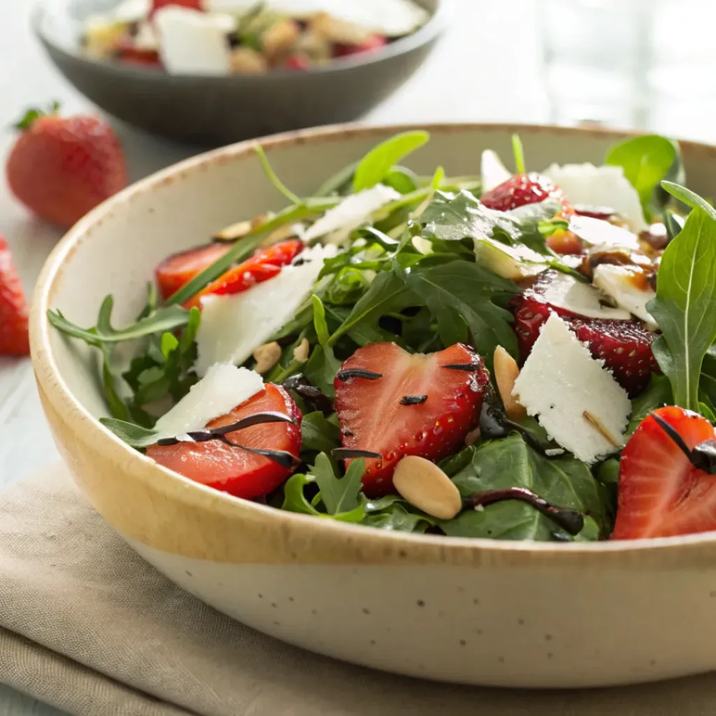 Strawberry arugula salad with nuts, cheese, and balsamic glaze