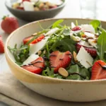Strawberry arugula salad with nuts, cheese, and balsamic glaze