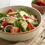 Strawberry avocado salad with greens, onions, and dressing
