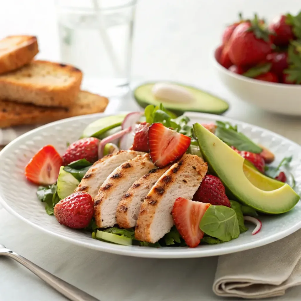Strawberry avocado salad served with grilled chicken and bread