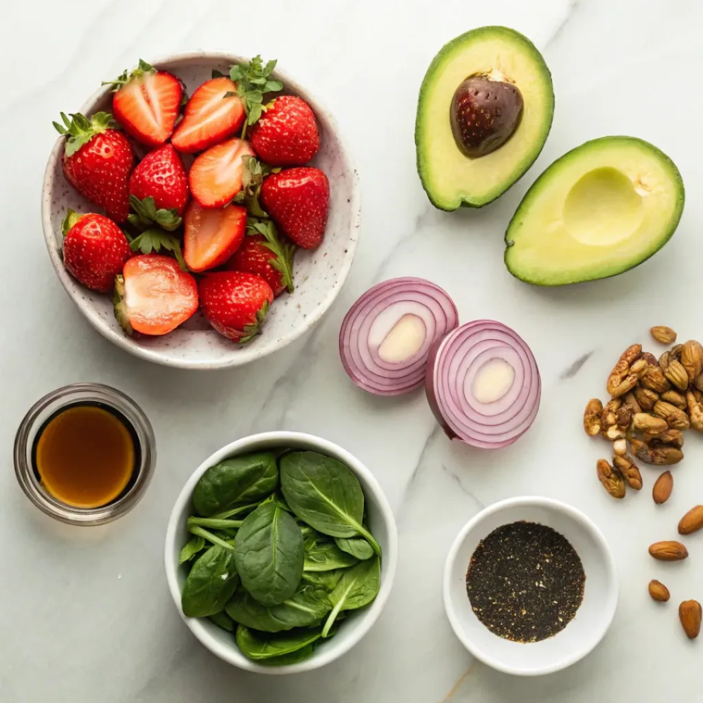 Flat lay of strawberries, avocado, greens, onion, and salad ingredients