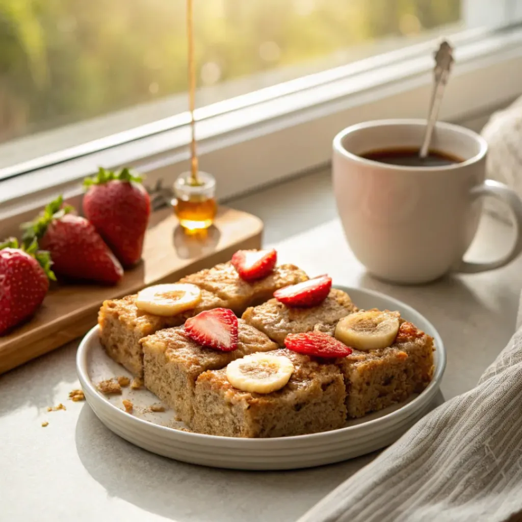 Sliced baked oatmeal served with strawberries, bananas, and honey with coffee