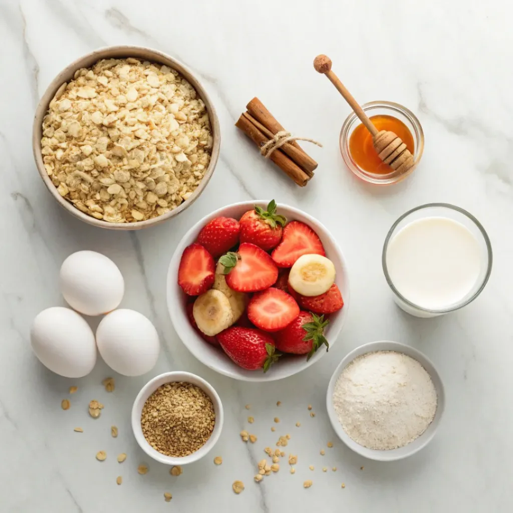 Flat lay of oats, bananas, strawberries, eggs, milk, and baking ingredients