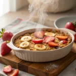 Baked oatmeal with strawberries and bananas served warm in ceramic dish