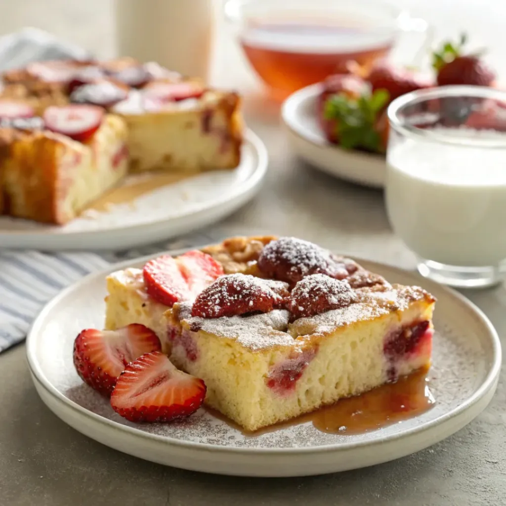Strawberry French toast casserole served with fruit and coffee