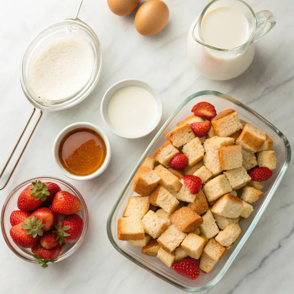Flat lay of bread, strawberries, eggs, milk, and baking ingredients