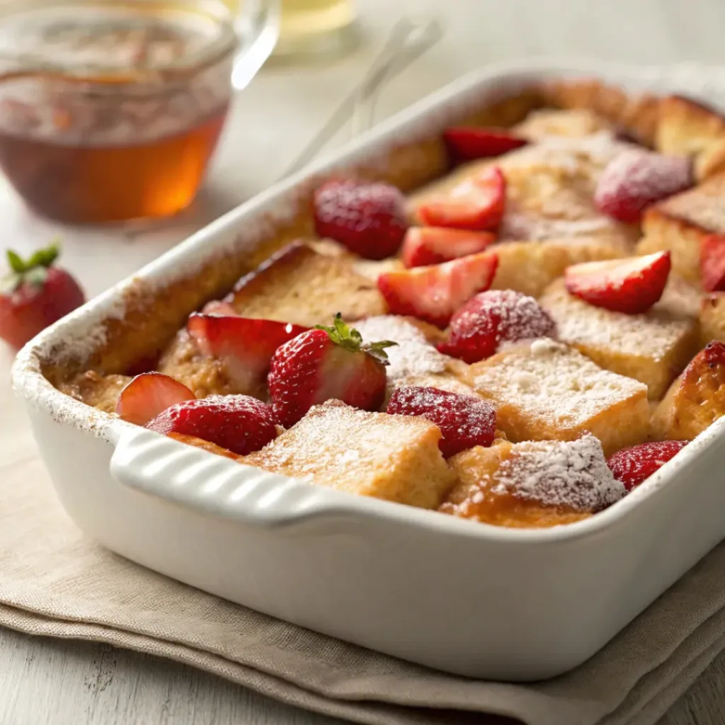 Strawberry French toast casserole with powdered sugar and syrup