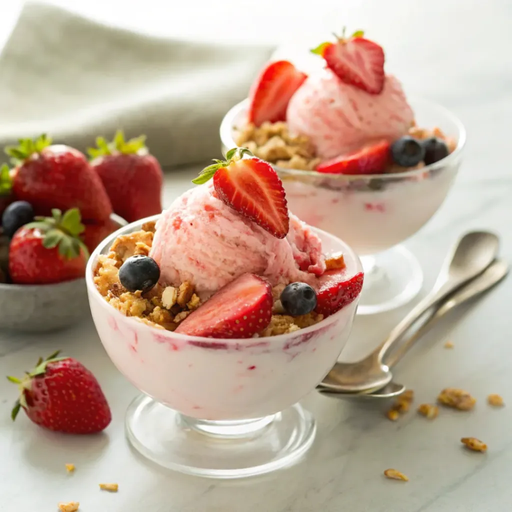 Strawberry frozen yogurt served with berries and granola