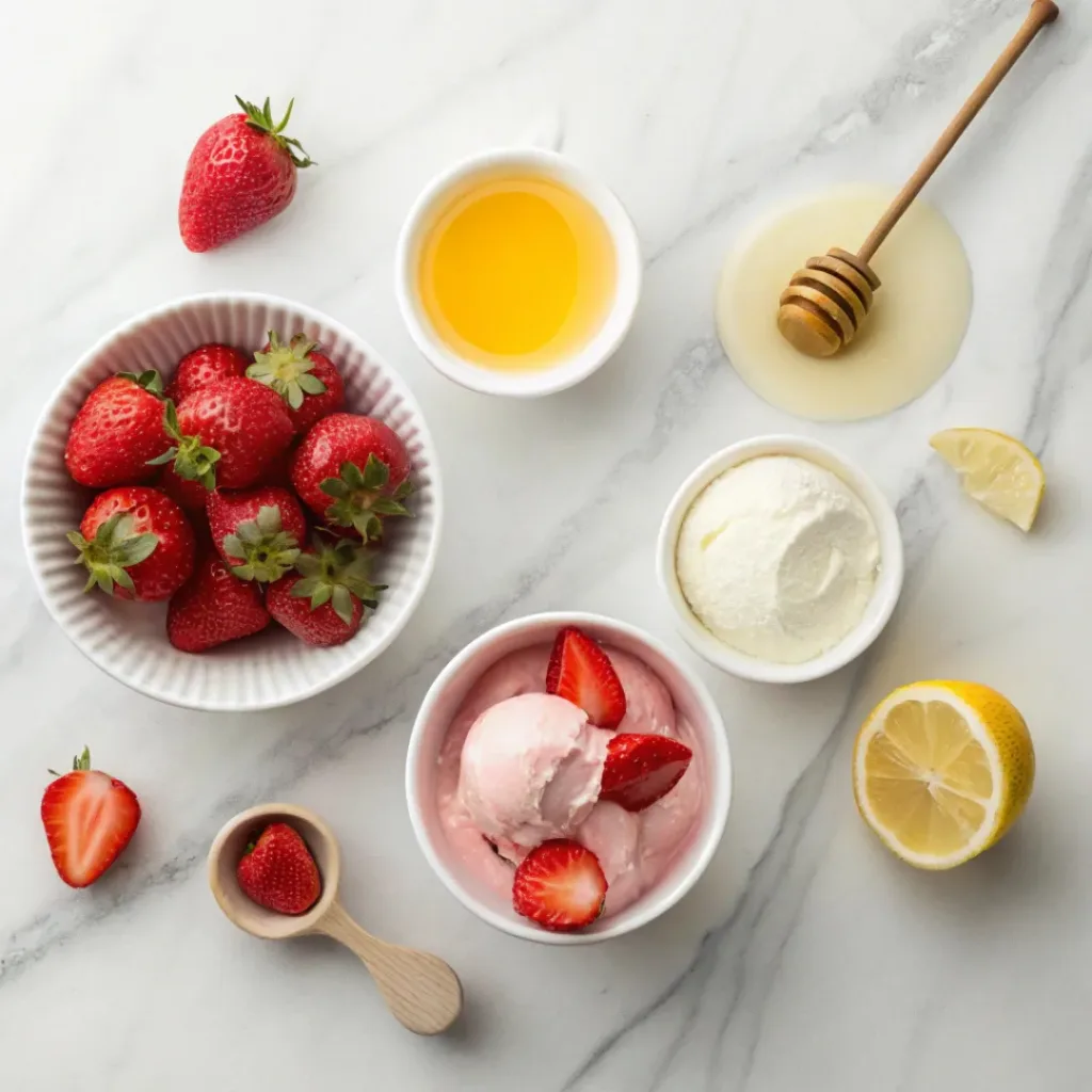 Flat lay of strawberries, yogurt, honey, and dessert ingredients