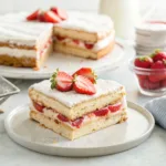 Layered strawberry icebox cake with whipped cream and fresh strawberries