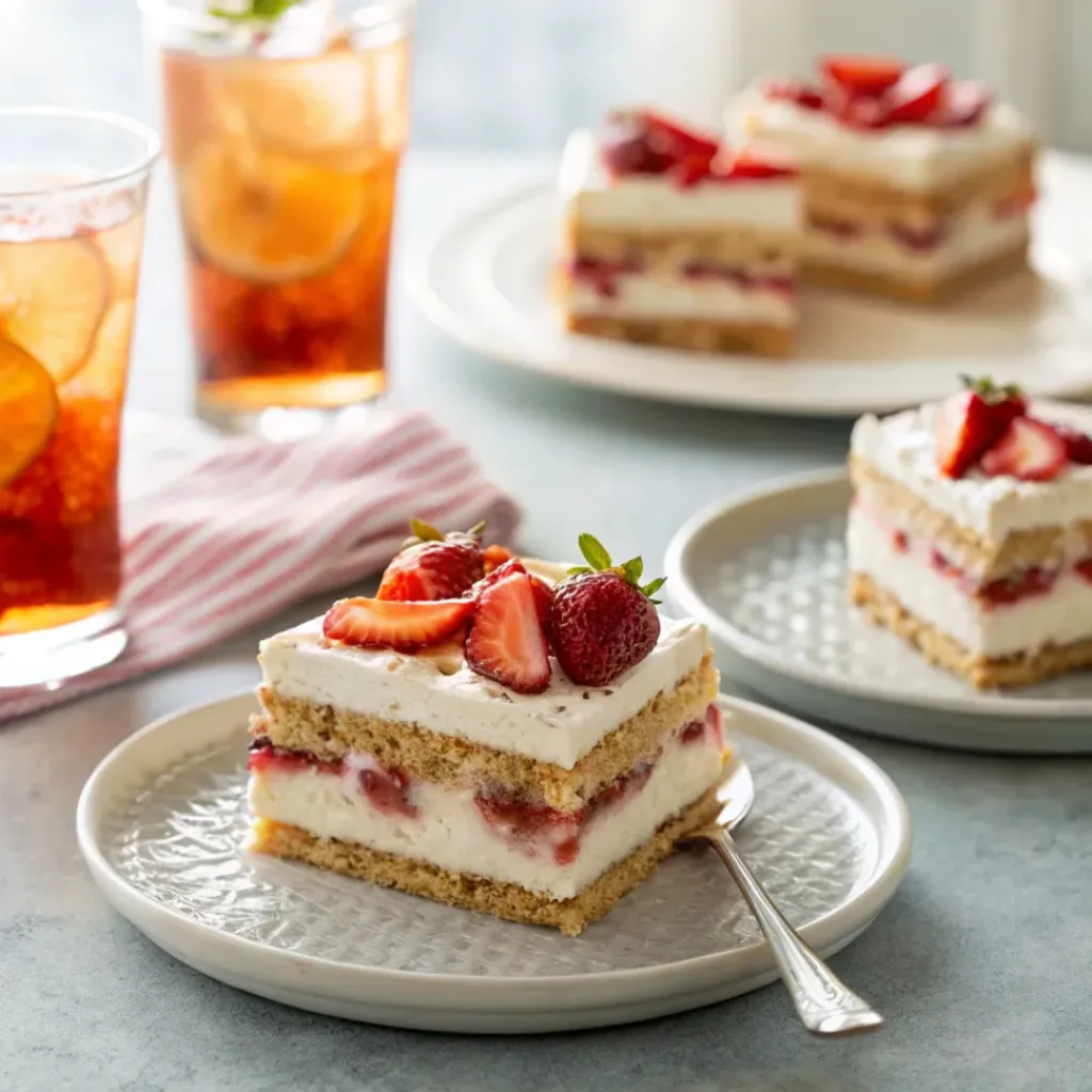 Strawberry icebox cake slice served with iced drink