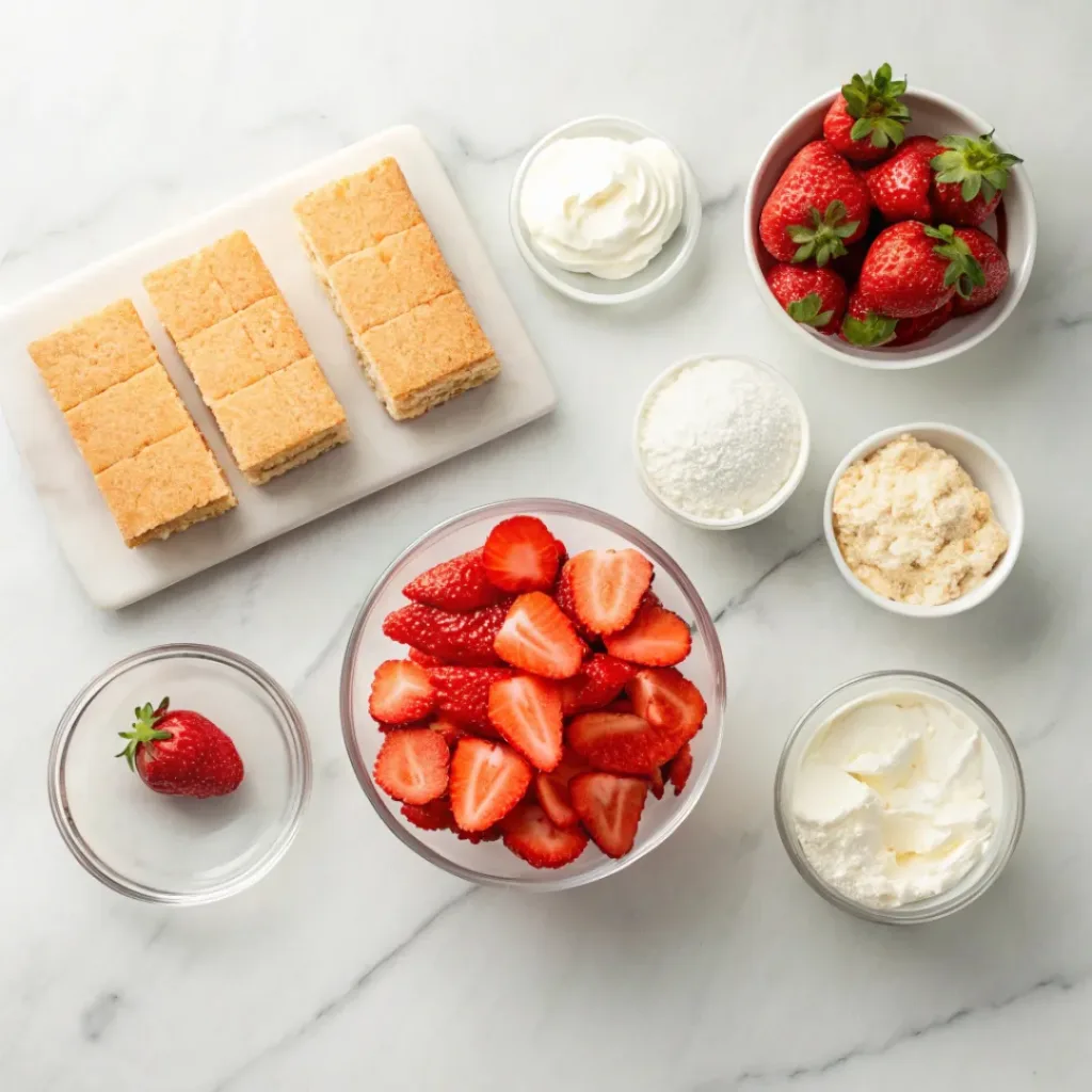 Flat lay of strawberries, whipped cream, graham crackers, and dessert ingredients