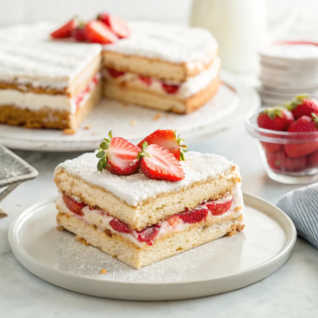 Layered strawberry icebox cake with whipped cream and fresh strawberries