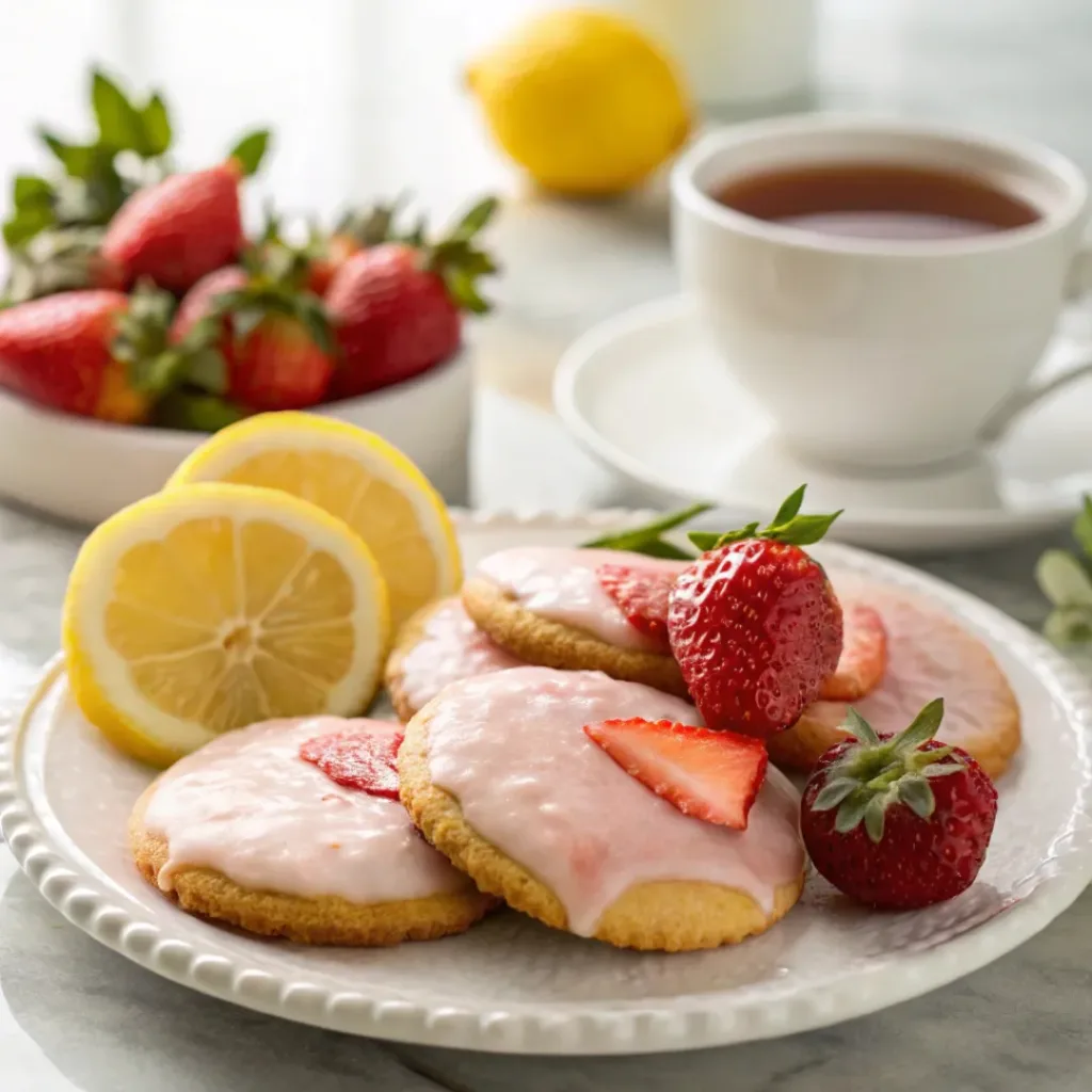 Strawberry lemon cookies served with tea and fresh fruit