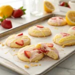 Strawberry lemon cookies with glaze and soft texture on tray