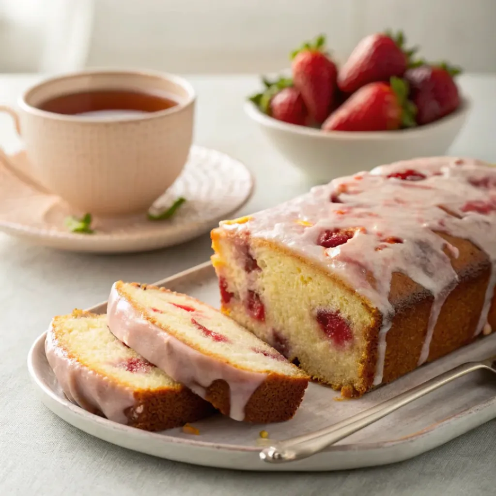 Sliced strawberry lemon loaf served with tea and fresh strawberries
