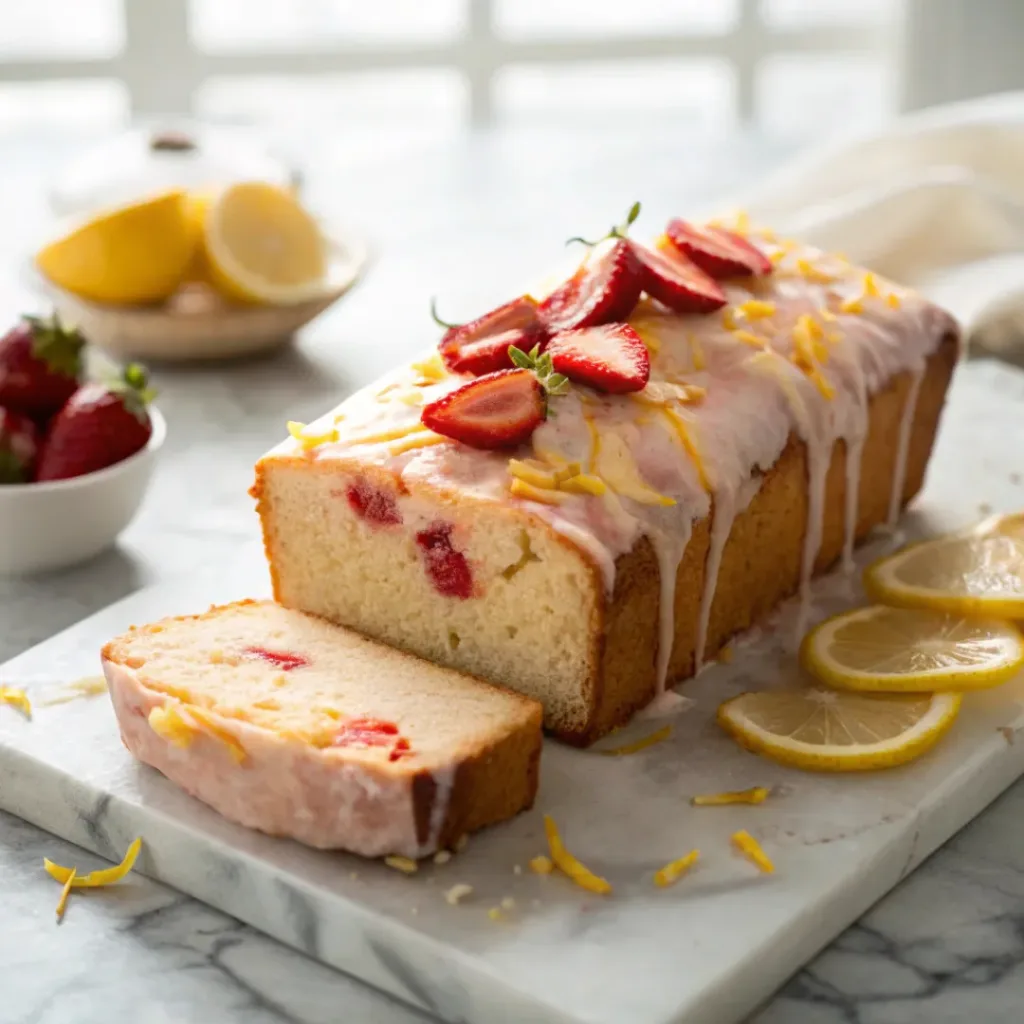 Strawberry lemon loaf cake with glaze and fresh fruit on marble surface