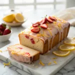 Strawberry lemon loaf cake with glaze and fresh fruit on marble surface