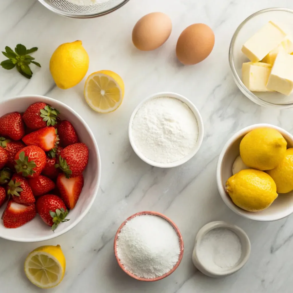 Flat lay of strawberries, lemons, flour, eggs, sugar, and baking ingredients