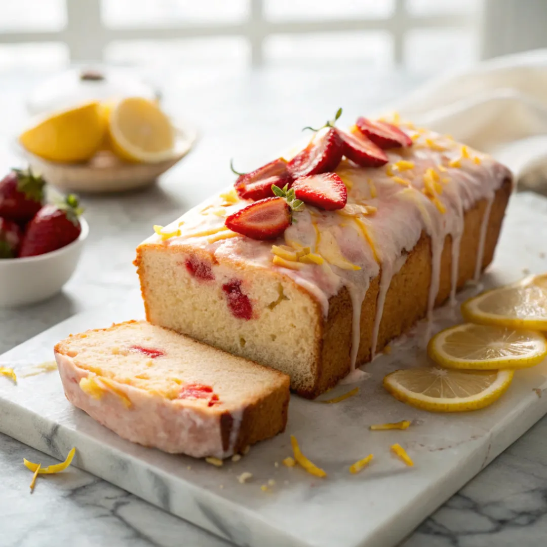 Strawberry lemon loaf cake with glaze and fresh fruit on marble surface