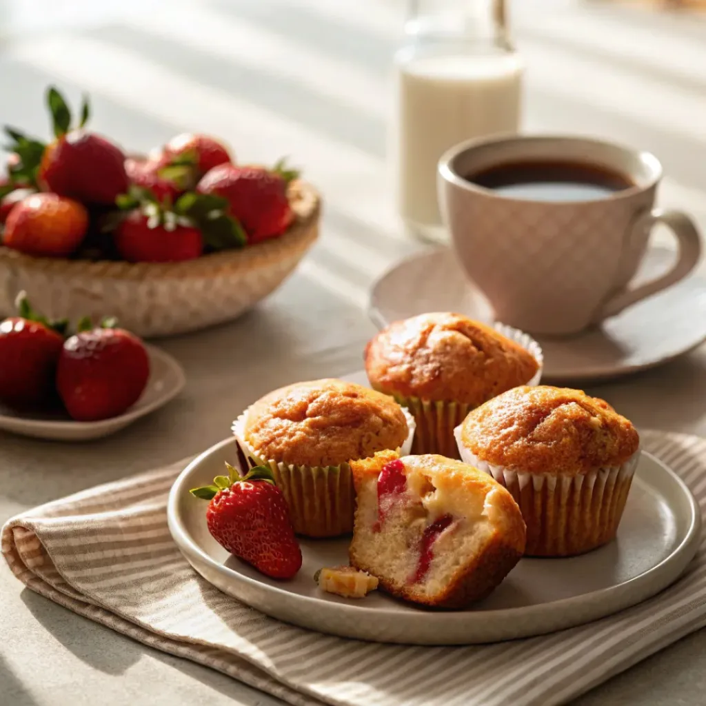 Strawberry muffins served with coffee and fresh strawberries