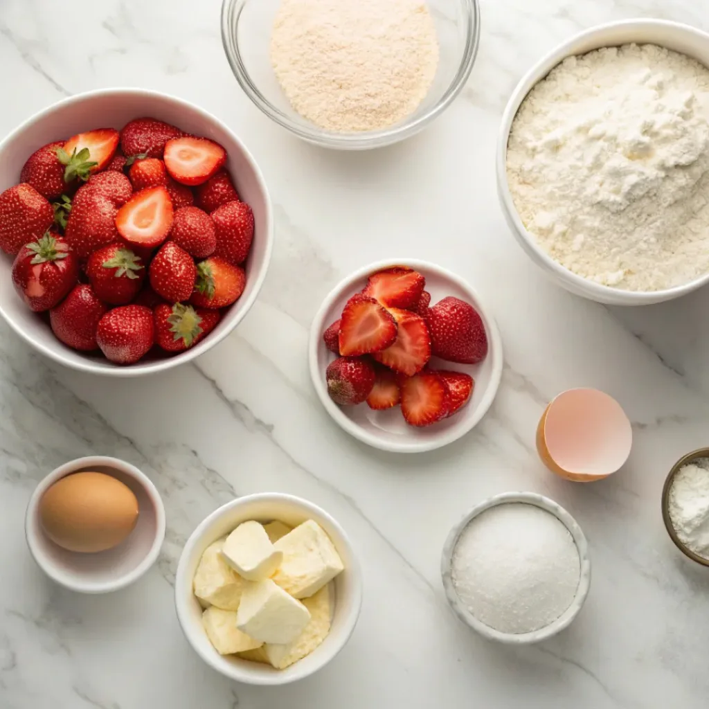 Flat lay of strawberries, flour, eggs, sugar, and baking ingredients