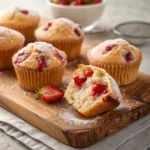 Fresh strawberry muffins with golden tops and visible fruit pieces