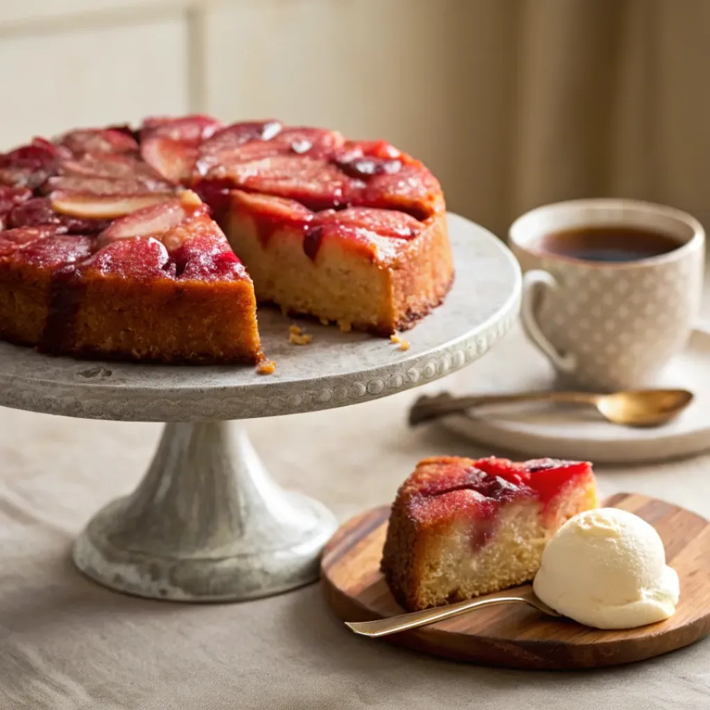 Upside down cake with strawberry rhubarb topping served with ice cream and coffee