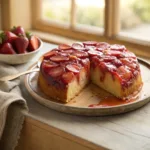 Slice of upside down cake with caramelized strawberries and rhubarb on top