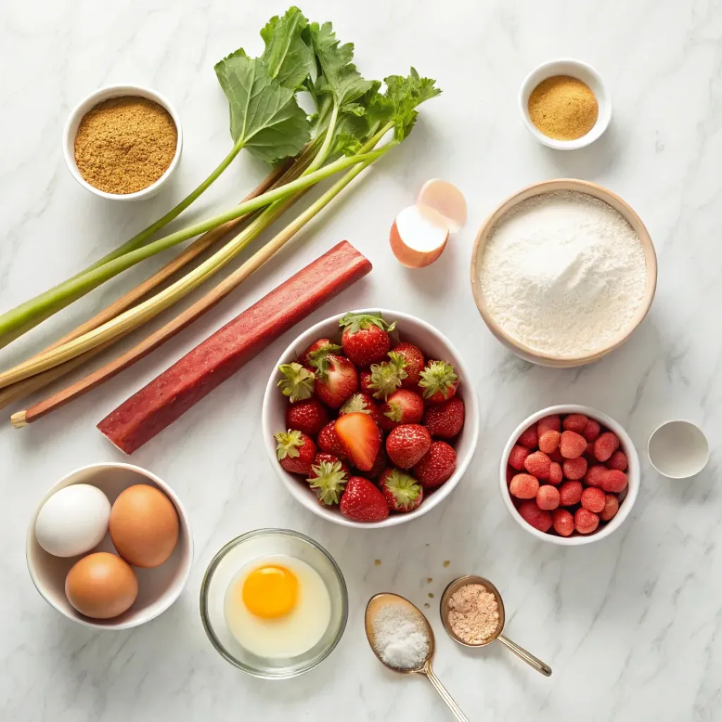 Flat lay of strawberries, rhubarb, flour, sugar, eggs, and baking ingredients