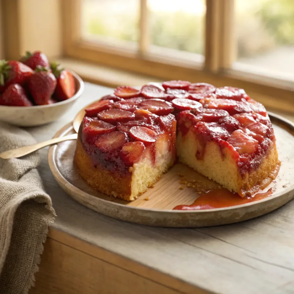 Slice of upside down cake with caramelized strawberries and rhubarb on top