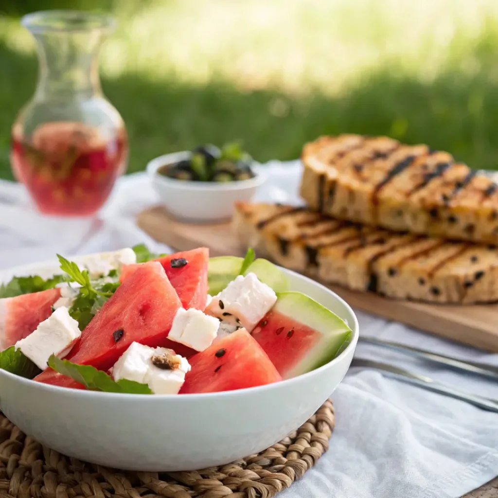 Watermelon feta salad served with grilled dishes outdoors