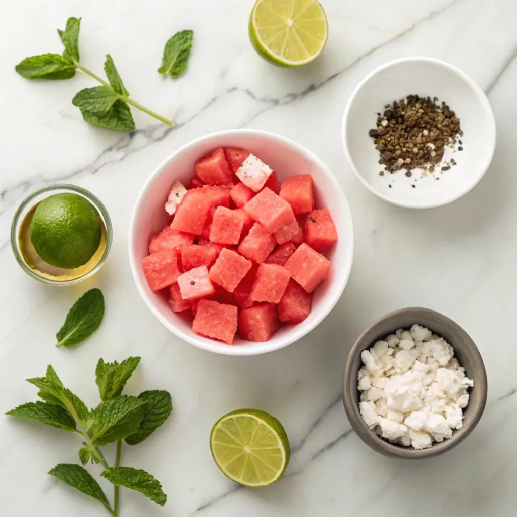 Flat lay of watermelon, feta, mint, and salad ingredients