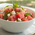 Watermelon feta salad with mint and light dressing in bowl