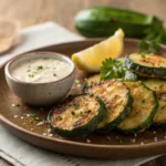 Crispy air fryer zucchini slices with dipping sauce and herbs