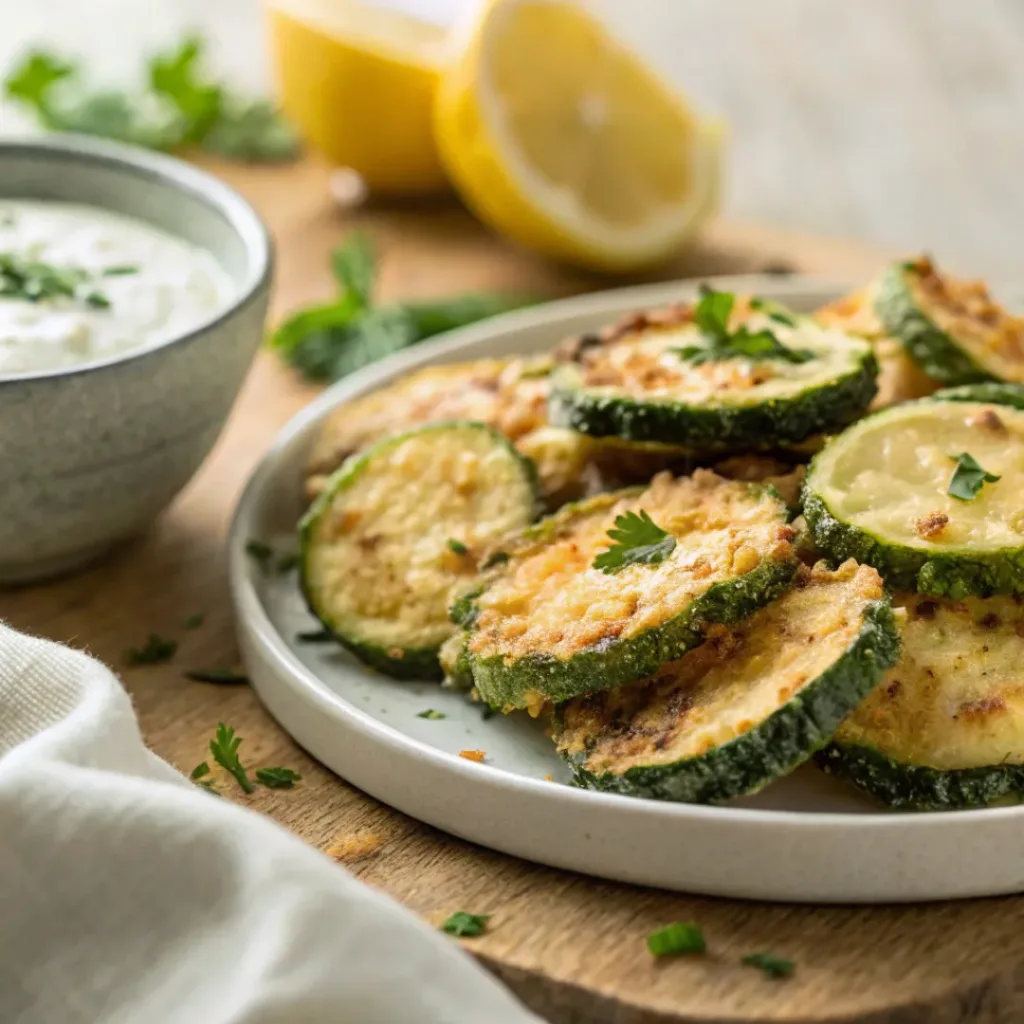Air Fryer Zucchini – Crispy, Healthy & Quick Side Dish 8 Golden air fryer zucchini served with parmesan and dipping sauce