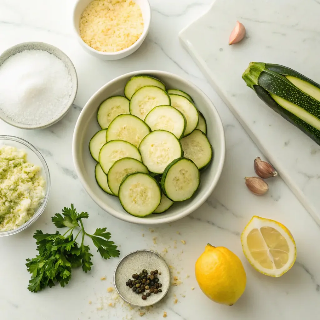 Air Fryer Zucchini – Crispy, Healthy & Quick Side Dish 6 Flat lay of zucchini, seasoning, parmesan, and air fryer ingredients