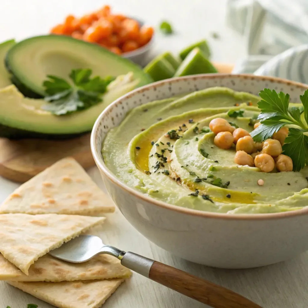 Avocado Hummus – Creamy Healthy Dip Recipe 8 Avocado hummus served with pita bread and fresh vegetables