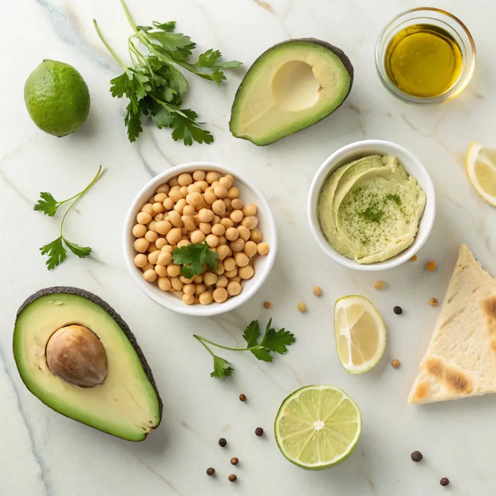 Avocado Hummus – Creamy Healthy Dip Recipe 6 Flat lay of avocados, chickpeas, tahini, garlic, and pita bread