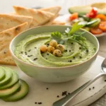 Creamy avocado hummus topped with olive oil and herbs