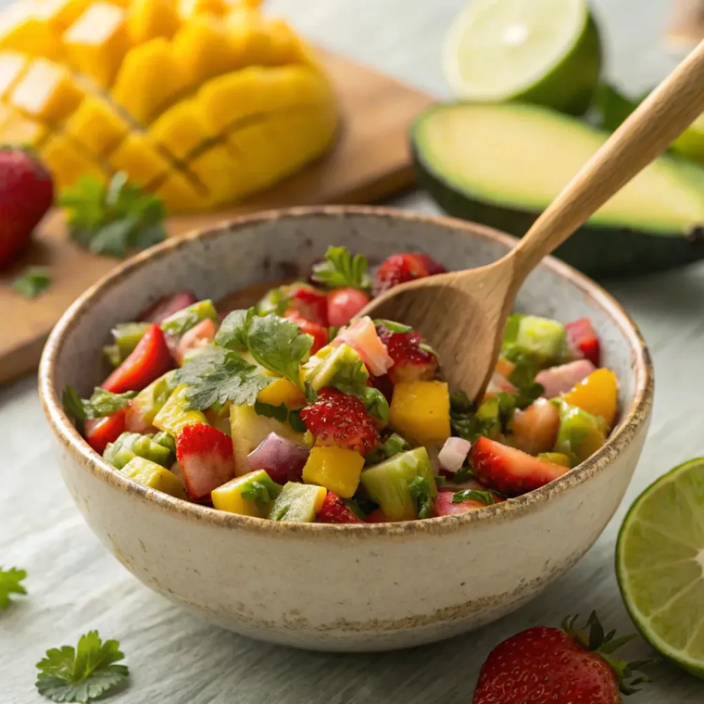 Avocado Strawberry Mango Salsa – Sweet, Fresh & Vibrant Summer Salsa 8 Fresh fruit salsa with avocado, mango, strawberries, and chips