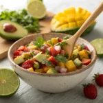 Colorful fruit salsa with avocado, mango, strawberries, and lime