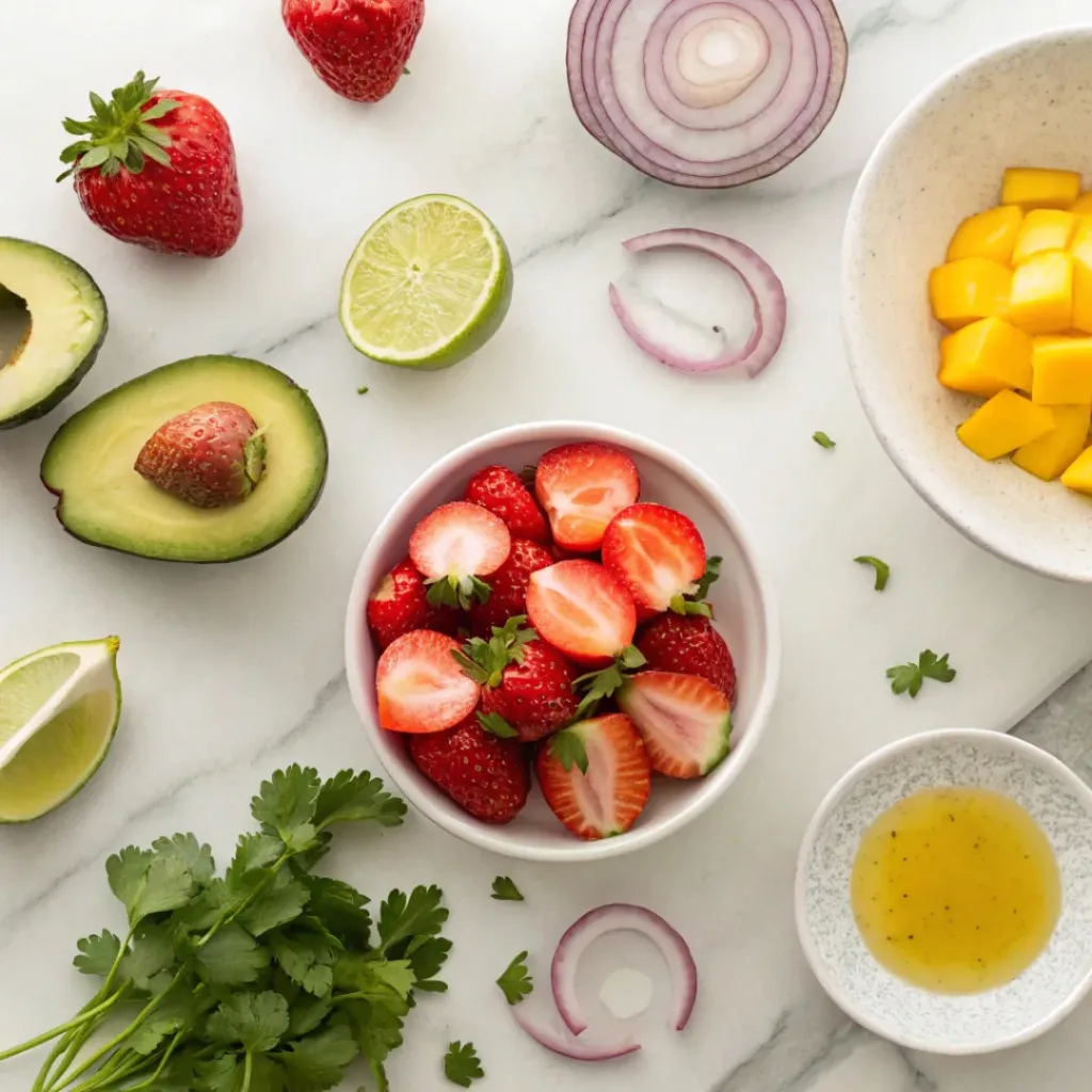Avocado Strawberry Mango Salsa – Sweet, Fresh & Vibrant Summer Salsa 6 Flat lay of avocado, mango, strawberries, lime, and cilantro