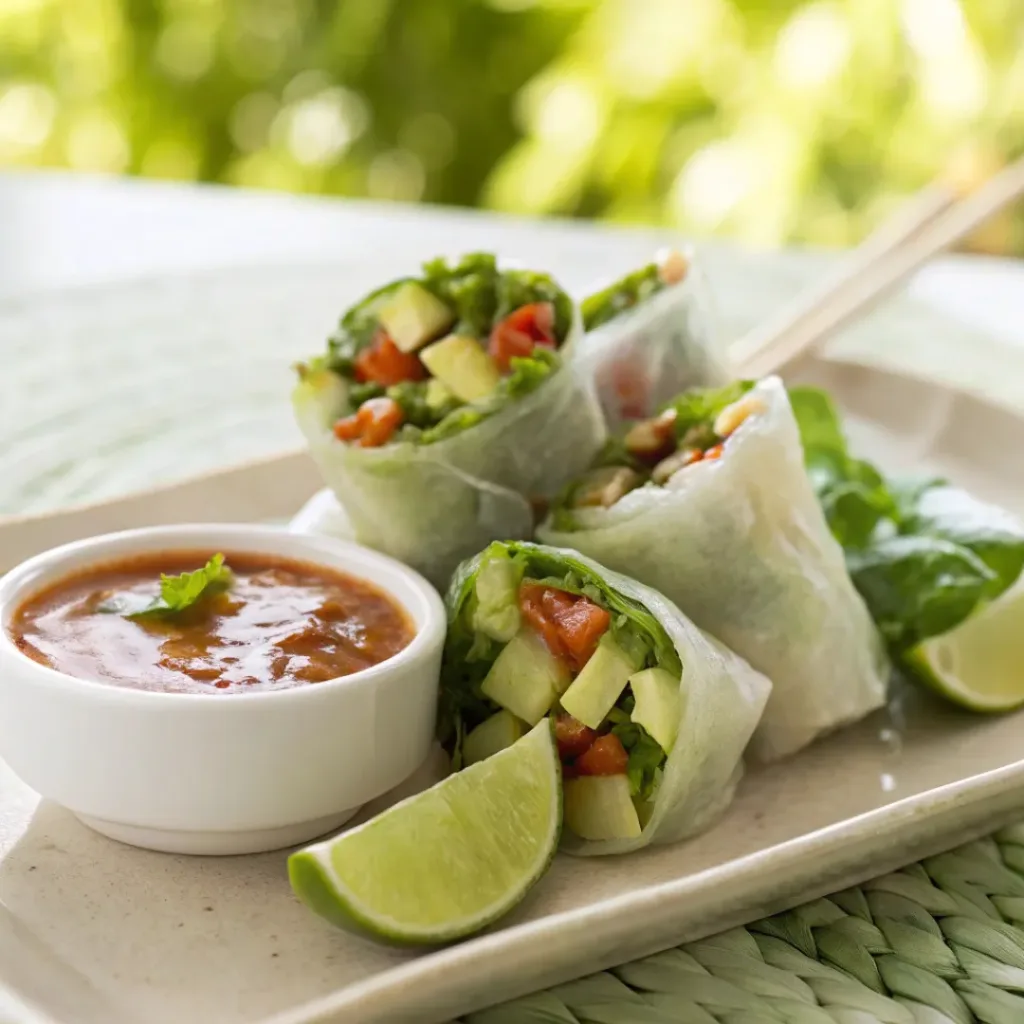 Avocado summer rolls served with dipping sauce and herbs
