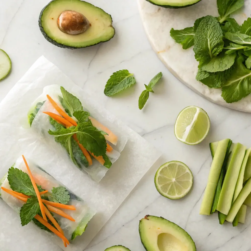 Flat lay of rice paper, avocado, cucumber, carrots, and herbs
