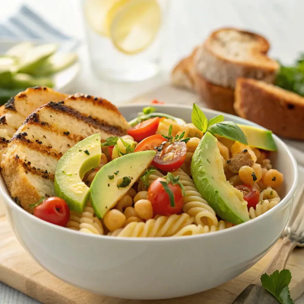 Avocado tomato chickpea pasta served with salad and bread