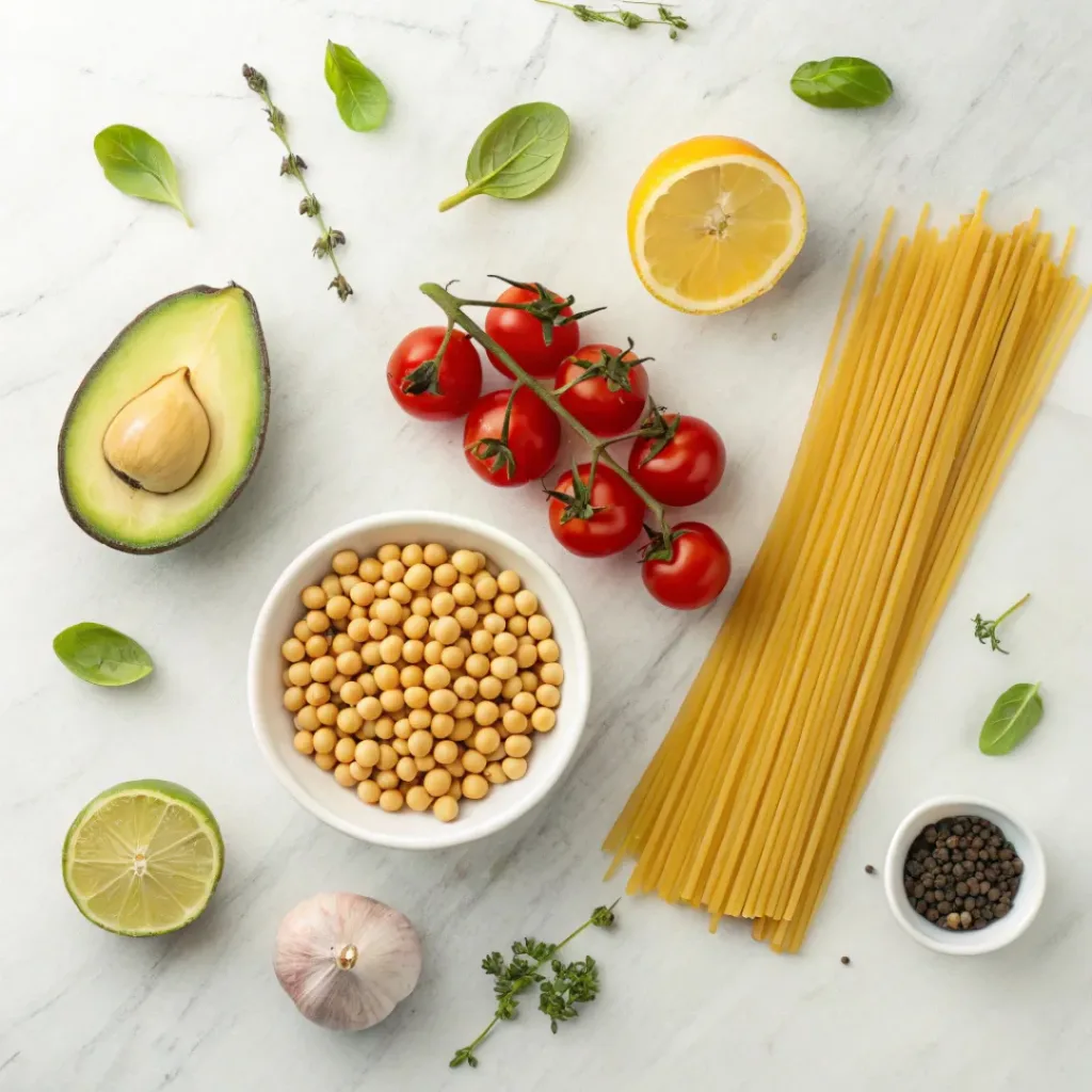 Flat lay of pasta, avocado, tomatoes, chickpeas, and herbs