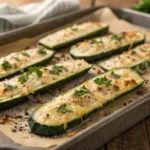 Baked zucchini slices topped with melted parmesan and herbs